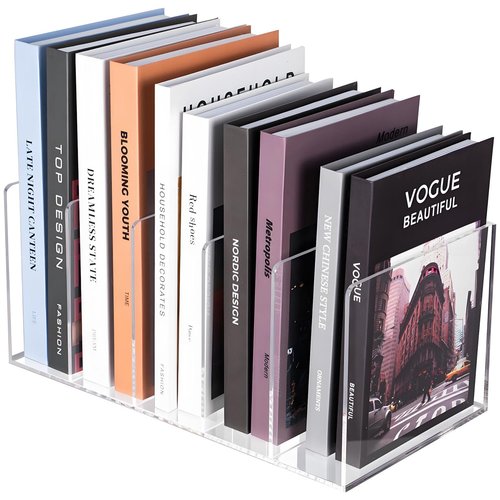 SEANADO Clear Acrylic Magazine File Holder with 5 Vertical Compartments Desk Organizer Book Rack for Home Office Desk Sorter Paper Folder Stand Bookshelf