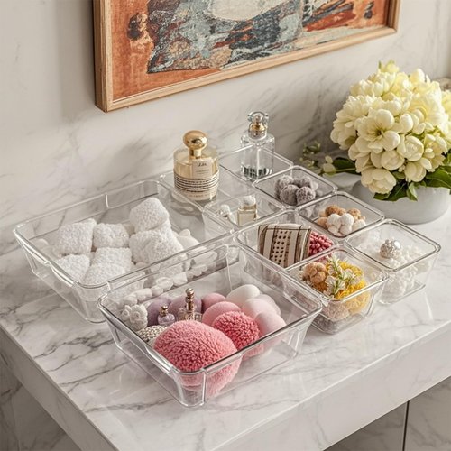 Pansente 25 PCS Adjustable Desk Drawer Organizer, Acrylic Clear Drawer Organizers, 3 Size Desk Drawer Organizer for Cosmetics, Jewellery, Office, Gadgets, Kitchenware