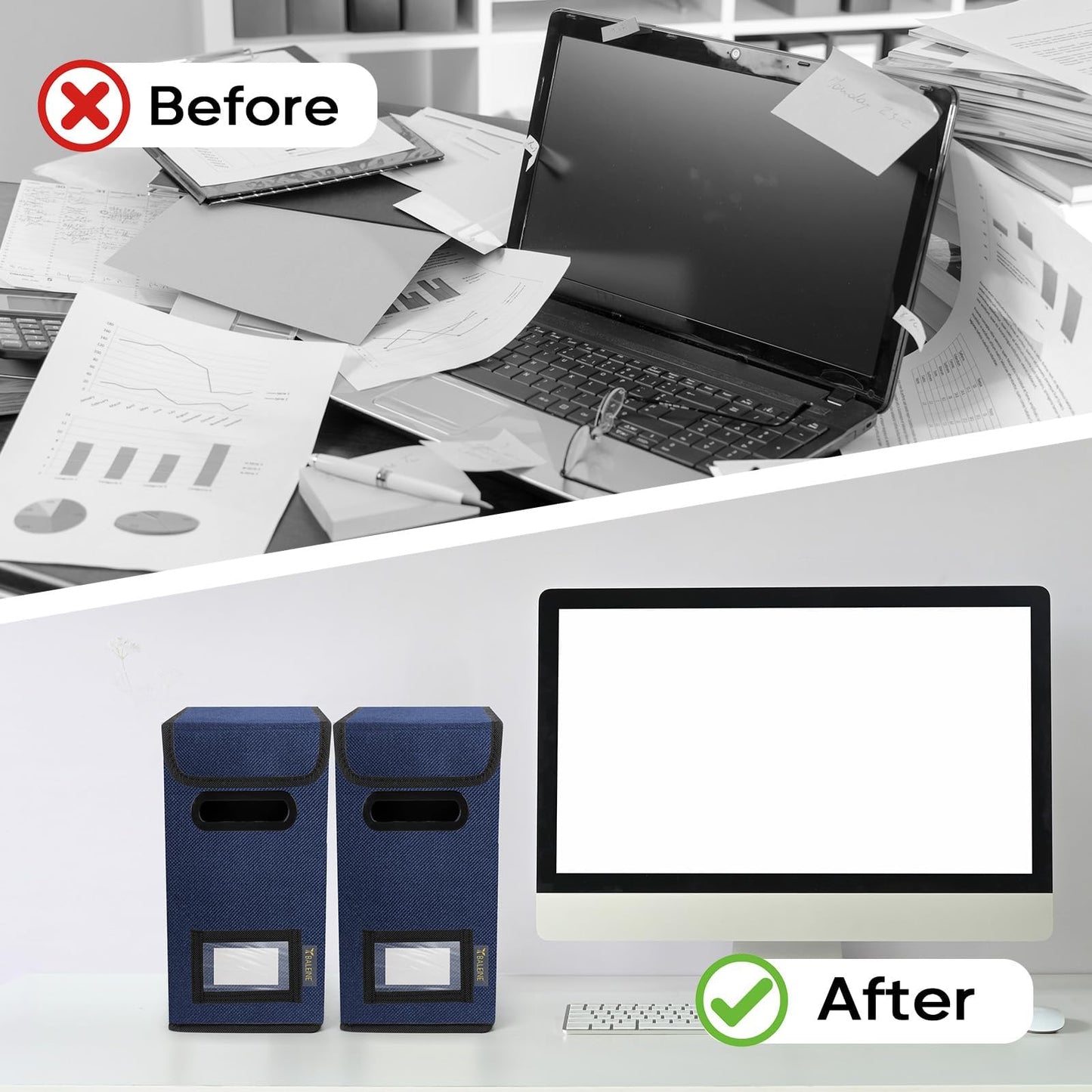 BALEINE File Organizer Box with Lid, Collapsible File Folder Organizer with Plastic Slide, Hanging File Folder Box for Office Document Storage (2 Pack, Blue, S)