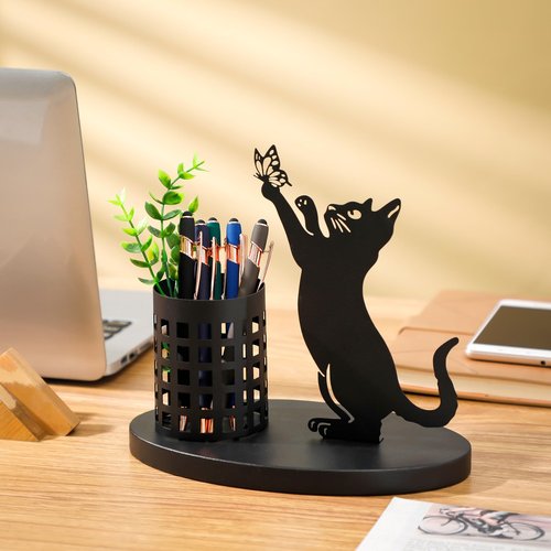 Tandefio Cat Pen Holder for Desk Cute Black Cat Pencil Holder Metal Desk Accessories Organizer Makeup Brush Pen Cups for Office Home Decor Table Centerpiece Lover Gifts Women