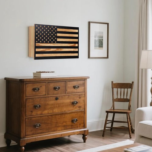 Hidden Gun Storage American Flag - Concealment Gun Safes for Valuables, Guns, Jewelry, Cash/Solid Wood Construction（Lockable）