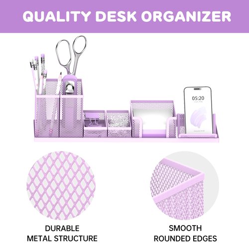 SUPEASY Pen Holder for Desk, 6 Piece Mesh Desk Organizer set, Desk Accessories for Office Organization with Mail Organizer, Letter Phone Holder, Sticky Notes Caddy Storage, Purple