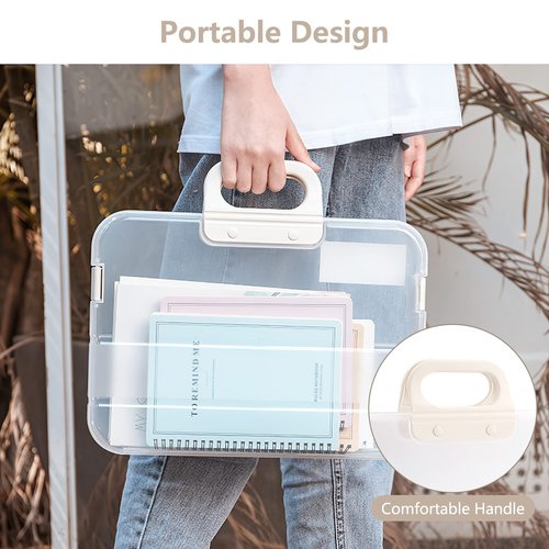 Lemical Portable Plastic Transparent File Boxes with Handle A4 Large Capacity Heavy Duty File Boxes Plastic Transparent Paper Storage