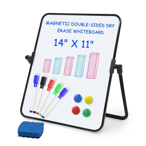 OUOFS Dry Erase Whiteboard Portable 14"x11" Magnetic Double-Sided, Desktop/Stand-Up White Board for to-Do Lists, Scheduling, & Kids' Learning - Includes Sturdy 360-Degree Rotating Stand