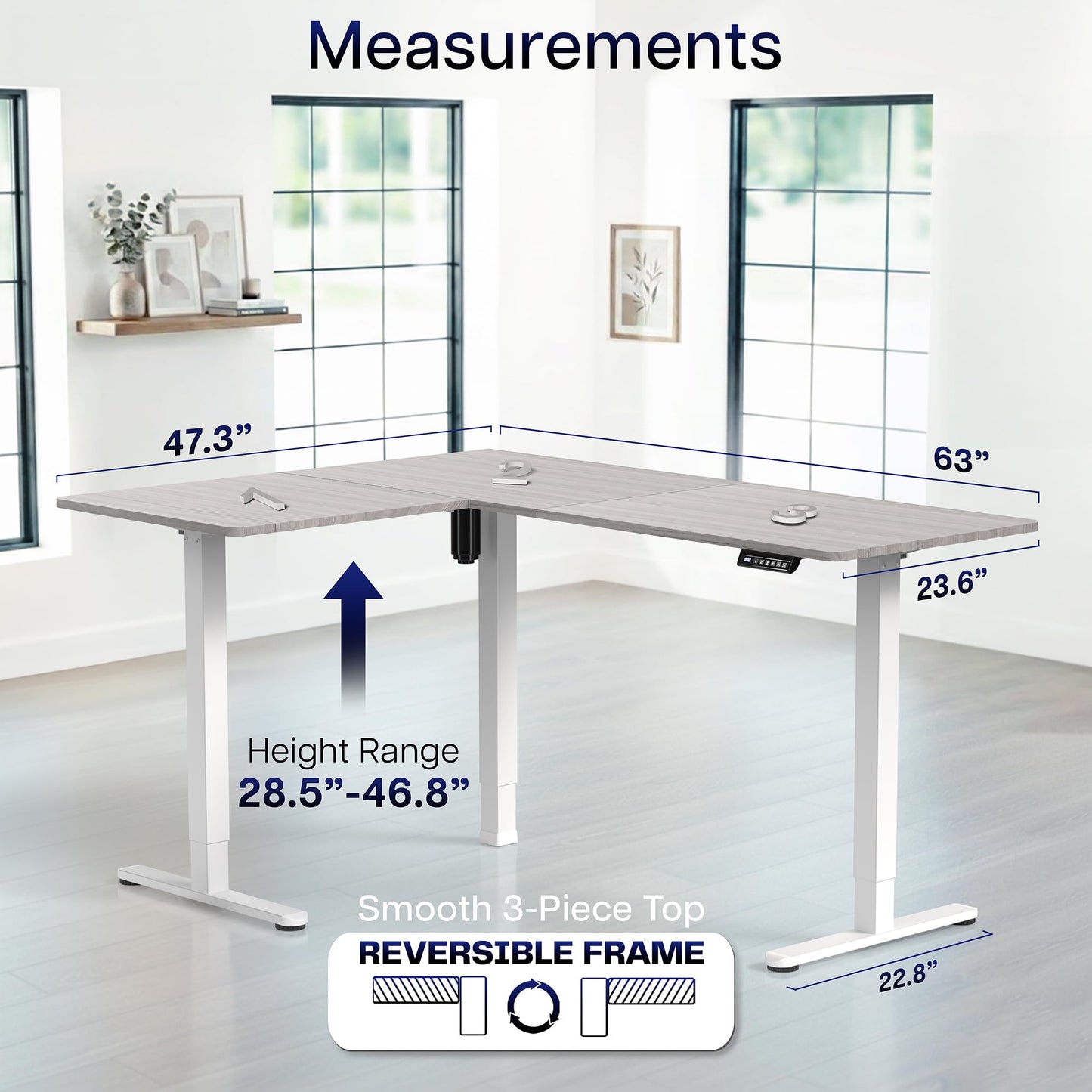 VIVO Corner Standing Desk, 63 x 47 inch Reversible L-Shaped Workstation, Electric Height Adjustment, Home, Office, and Reception Rooms, Dark Gray Table Top White Frame, DESK-E3CTWG-47