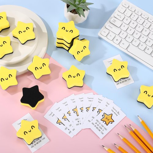 Lincia 24 Sets Back to School Gifts for Students, Smile Face Magnetic Dry Erase Whiteboard Erasers with Motivational Cards and Bags Gifts Bulk for Classroom Prize Teachers First Day of School