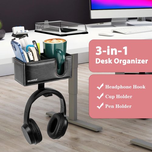 Erordna 4-in-1 Desk Cup Holder - Clamp On Under Desk Rotating Headphone Stand & Faux Leather Storage with Detachable Cup Holder/Phone Slot