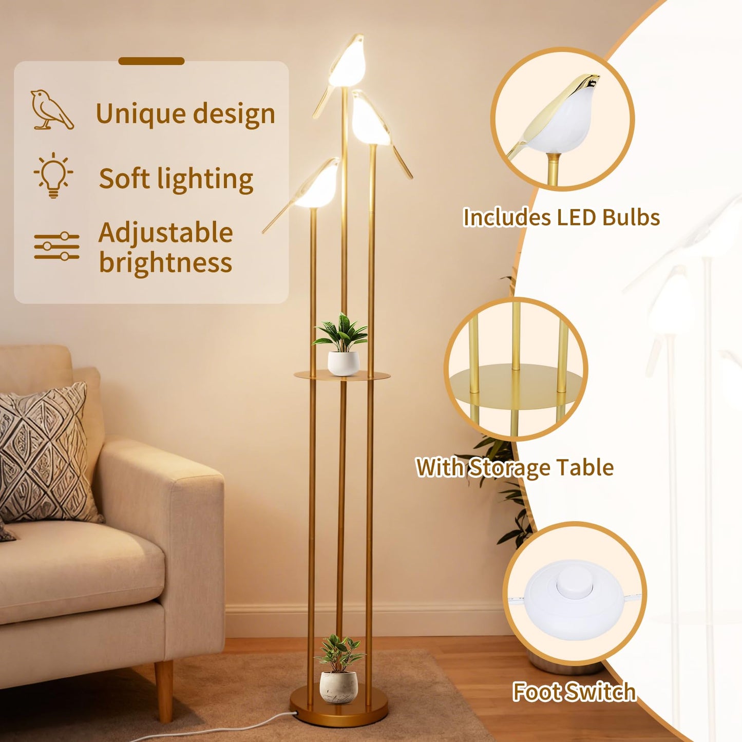 Deerift 𝑼𝒑𝒈𝒓𝒂𝒅𝒆 Unique Gold Floor Lamps for Living Room, with 3 Adjustable LED Bird Lights and Storage Shelf, Brightness Adjustable, Stand up Lamp for Bedroom Kids Room Office