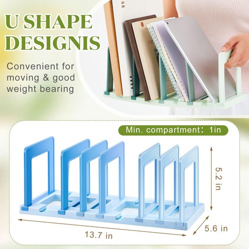 Suzile 2 Pack Adjustable Vertical File Organizer for Desk, 6 Compartments Plastic Folder Sorter with Expandable Divider, Upright File Holder for Books Magazines Office Supplies(Gradient Blue Green)