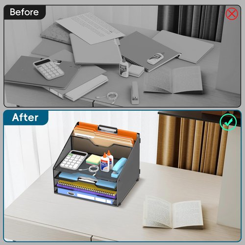 ReePlan Desk File Organizer, Desk Organizers & Accessories with 4 Trays and 2 Vertical Upright Sections, for Student & Teacher, Office, School, Home Black