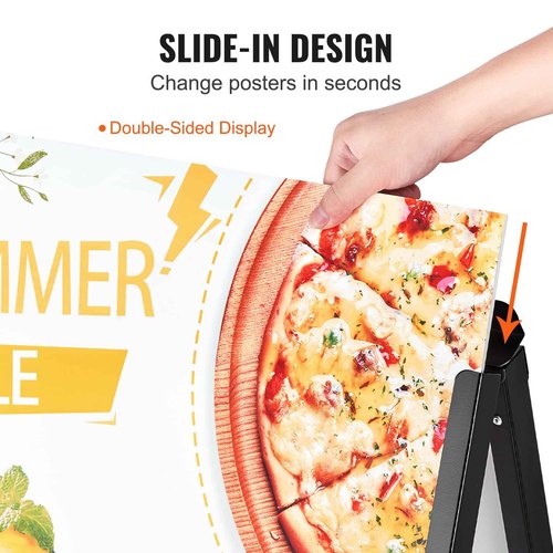 VEVOR A Frame Sidewalk Sign, 24x36 Inch Heavy Duty Slide-in Signboard Holder, Double-Sided Folding Sandwich Board Signs, Steel Pavement Sign Poster for Outdoor Business Street Advertising (Frame only)
