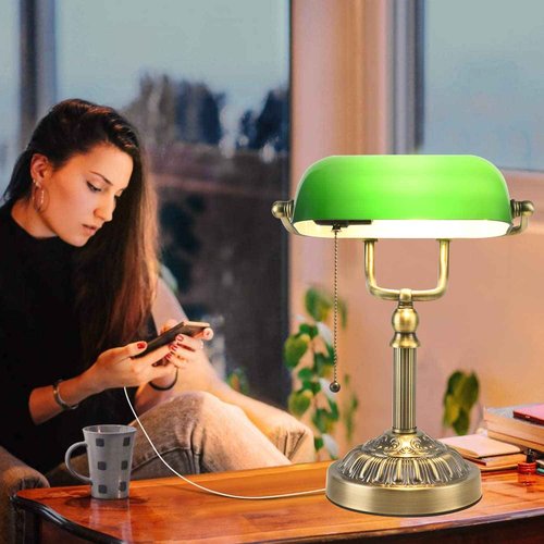 Rizzyluz Green Glass Bankers Desk Lamp, Vintage Desks Lamp with USB Charging Port, Traditional Banker's Lamp, Mid Century Desk Lamp Pull Chain for Home Office Library