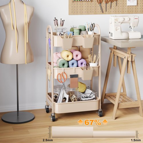 Khaki 3 Tier Rolling Cart Metal on Wheels, Three Tiered Storage Organizer Utility Trolley with Wheels for Art, Craft, Baby Diaper Caddy, Snack, Book, Nail, Lash, Cleaning Supplies, Kitchen, Bathroom