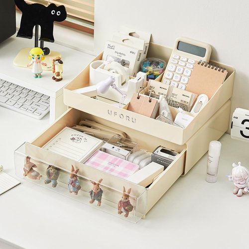 UFORU Desk Organizer with 6 Compartments, 2 Tier Stackable Storage Drawers Plastic Makeup Storage, Office Desk Storage Box, Stationary Sorting Helper