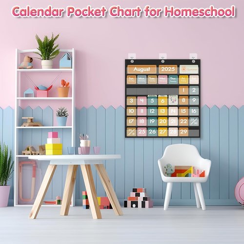 45 Pockets Classroom Calendar - Educational Pocket Chart Calendar for Kids | Boho Decor