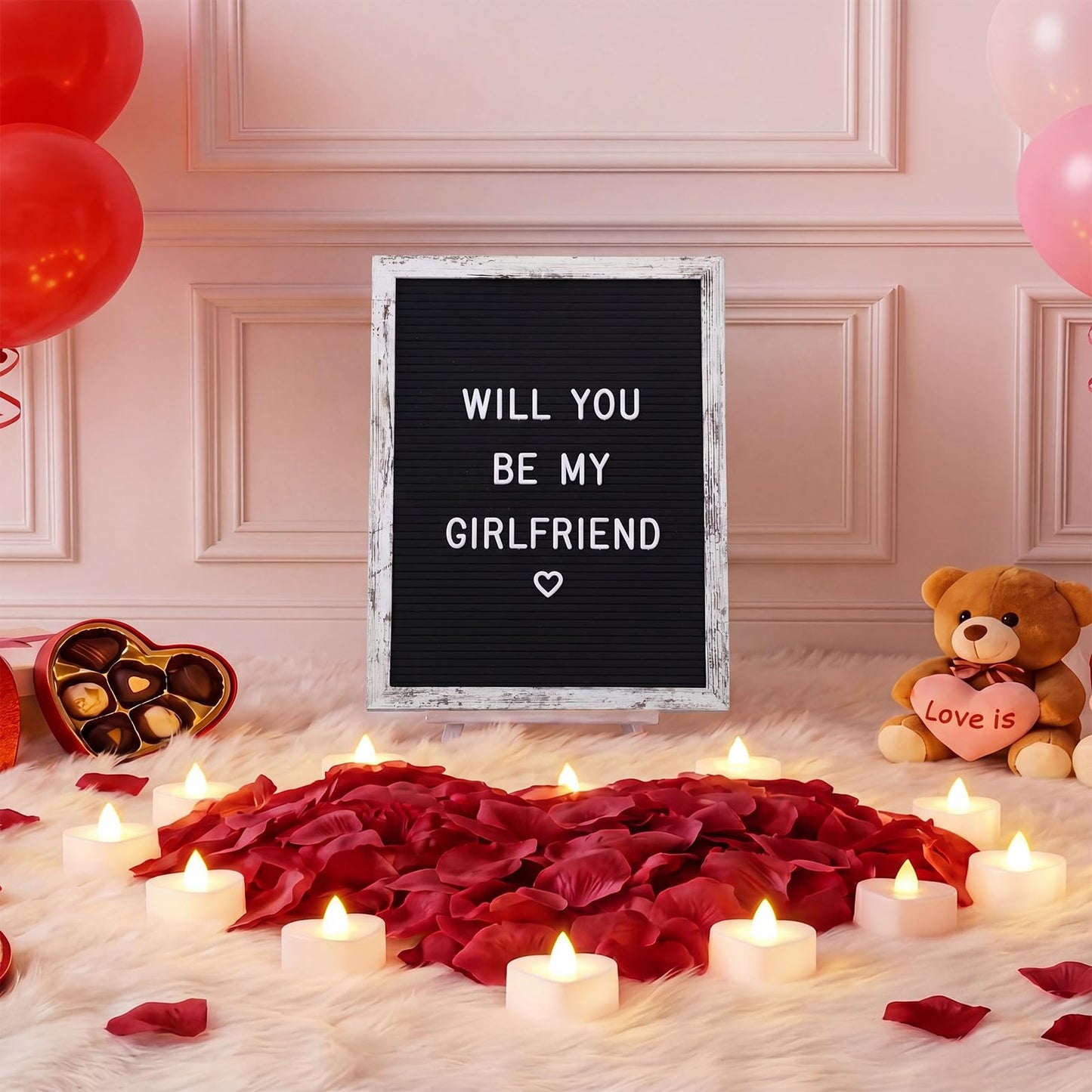 Ceenna Will You Be My Girlfriend Romantic Sign with LED Candles and Artificial Rose Petals Valentine's Day DIY Felt Letter Wood Board Sign with Lights for Valentine's Day Anniversary Party(Black)