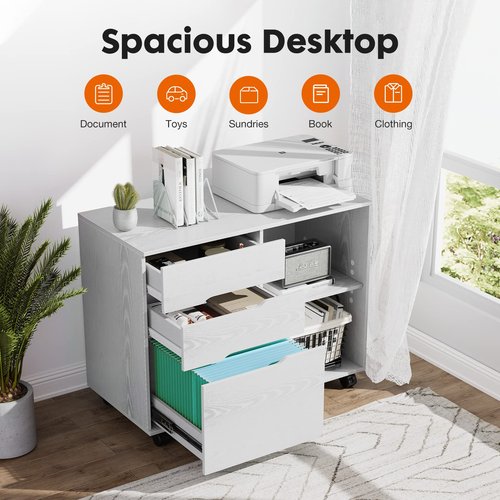 NEWBULIG 3-Drawer Mobile Cabinet,Wood Lateral Filing, Printer Stand with Open Adjustable Storage Shelves and Wheels for Home Office,White