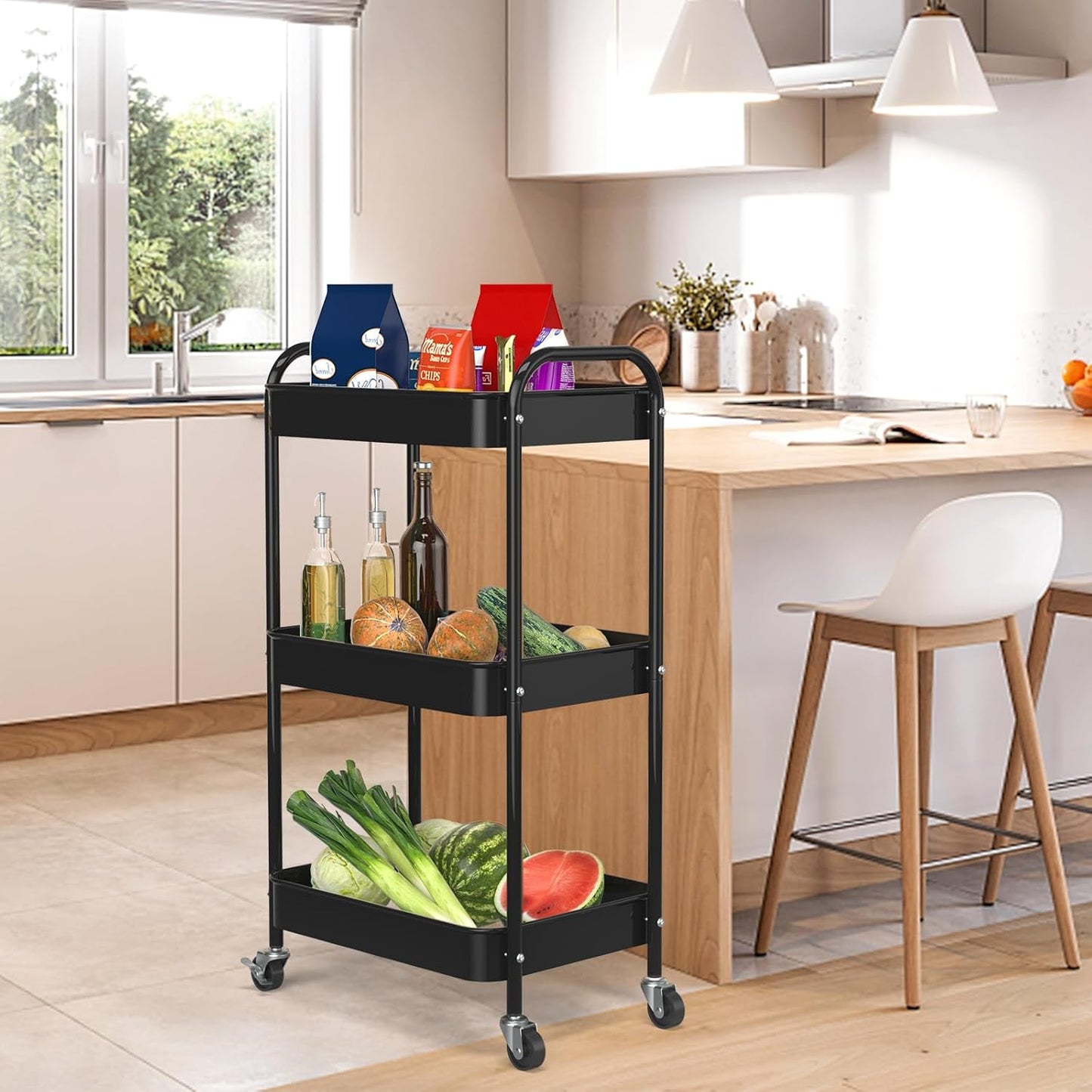 3-Tier Rolling Metal Storage Cart - Multi-Functional Organizer with Wheels for Office, Kitchen, Bathroom | Easy Assembly (Black)