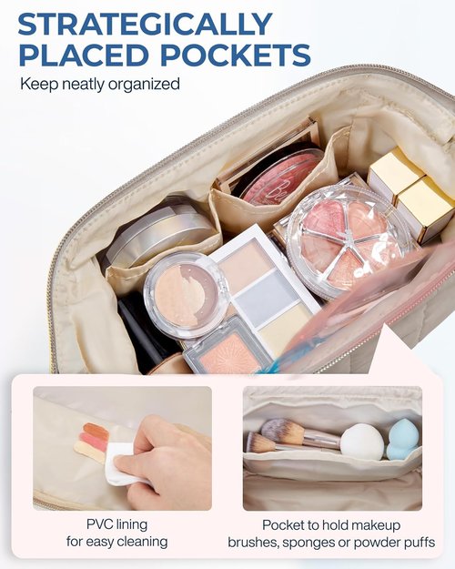 BAGSMART Makeup Bag - Puffy Padded Travel Toiletry Organizer for Women | Camel Color, Wide-Open Design