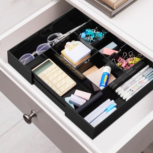 Briwooody 1 Pc Acrylic Desk Drawer Organizer Maximum 12 x 18 x 2.1 Inch Expandable Drawer Organizer Trays with 8 Adjustable Compartments Desk Accessories for Makeup Silverware Office Bathroom (Black)