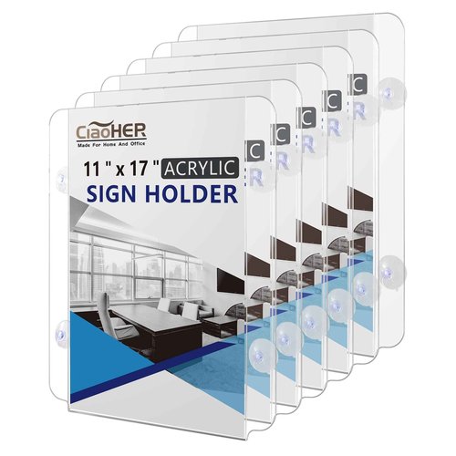 CiaoHER Acrylic Window Sign Holder 11 x 17, Clear Acrylic Frames Glass Window Mount Advertising Signage Sign Holder with 4 Suction Cups for Mall, Office, Home, Restaurant, Vertical （6 Pack）