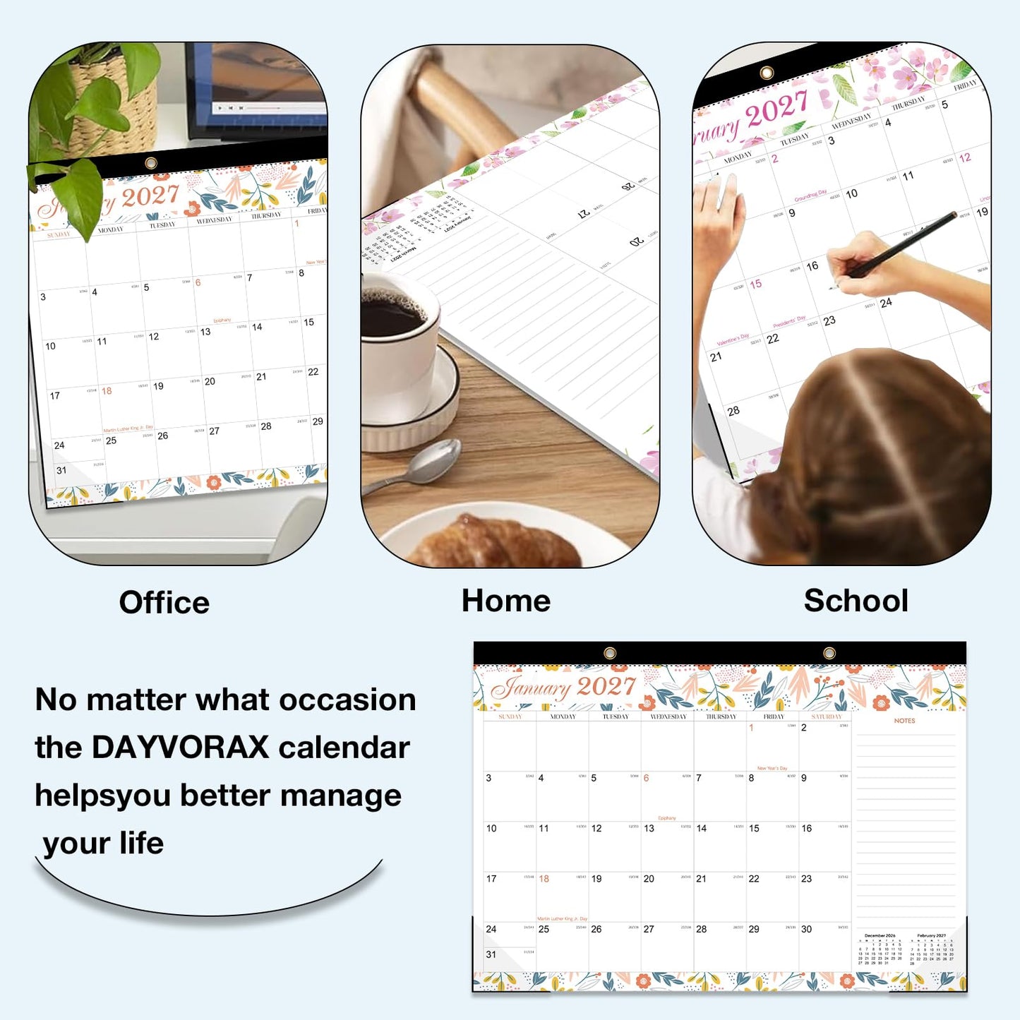 Desk Calendar 2026-2027 - 19 Month Desk Calendar july 2026-2027 Dec, 17" x 12", Large Monthly Desktop Calendar with Plastic Cover, Thick Paper, Corner Protectors - Floral (2 Stickers Included)