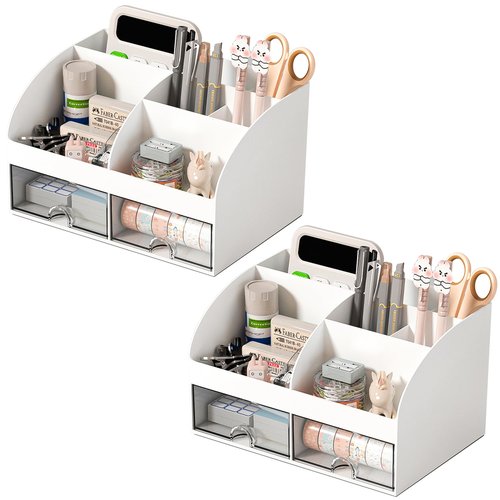 COMFYROOM Desk Organizer with 6 Compartments and 2 Drawers, Plastic Makeup Organizer, Pen Holder for Desktop Storage, Desk Organization for School, Home, Office Supplies (White-2Pack)