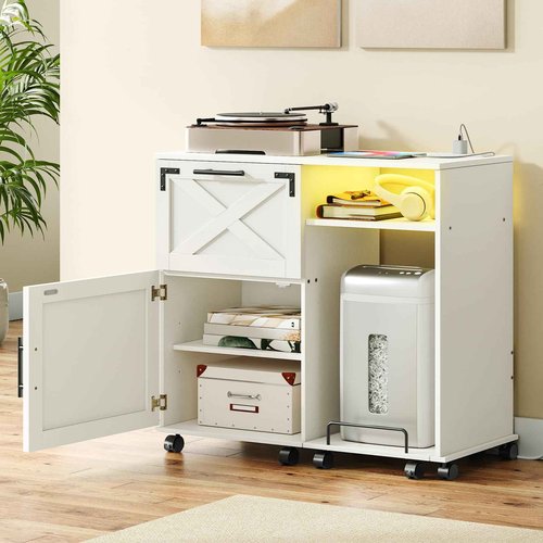 HOOBRO File Cabinet with Charging Station/LED Lights, Wooden Lateral Filing Cabinet on Wheels, Printer Stand with Open Storage for Home Office, A4, Letter, Legal Size Files, White WT85UDWJ01