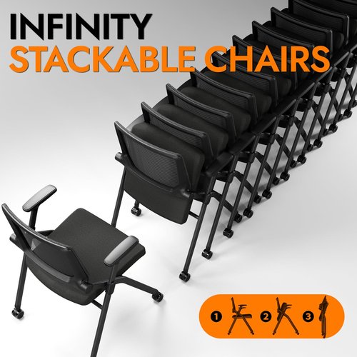 FYLICA Foldable Office Chair Set of 2 with PU Wheels Ergonomic Mesh Bouncing Back, Stackable Conference Room Chair, Office Guest & Reception & Meeting Chair (Black)