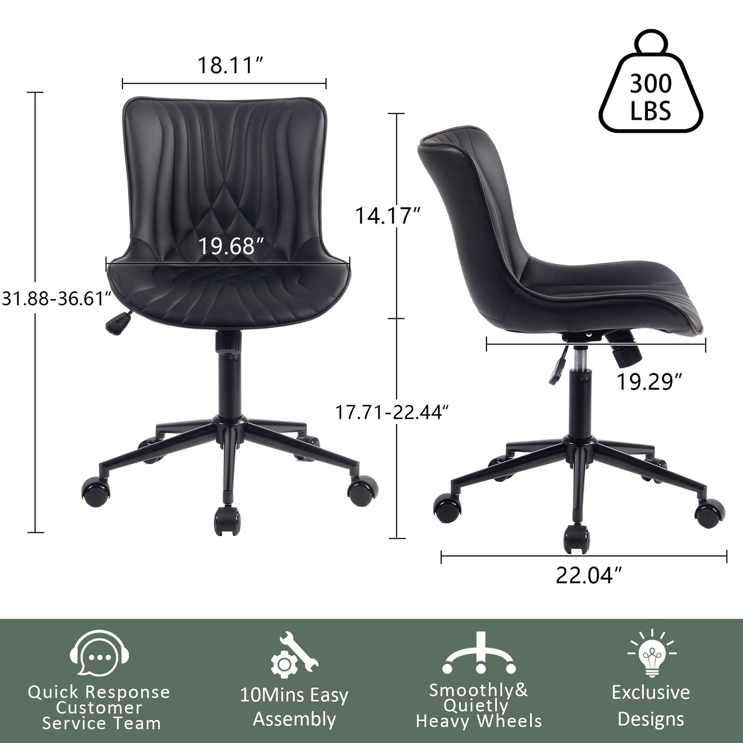 YOUTASTE Black Modern Office Chair, Armless Swivel PU Leather Desk Chair with Wheels, Height Adjustable Rolling Computer Chair with Metal Legs for Bedroom, Home Office, Study, or Vanity