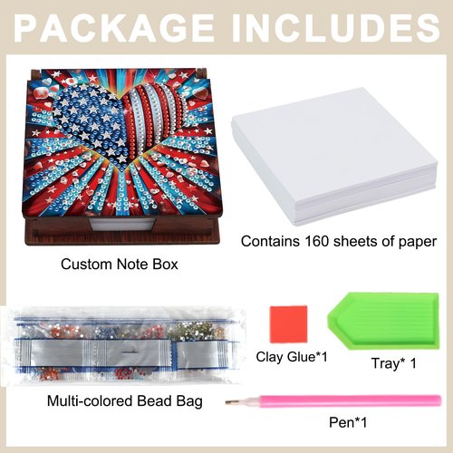 BAYUNOE Memo Paper Storage Box Diamond Art Painting Wooden 4.3x4.3 in Sticky Note Holder for Desk Organizer Notepad Holder with 160 Sticky Notes Office Supplies Accessories-Heart of USA