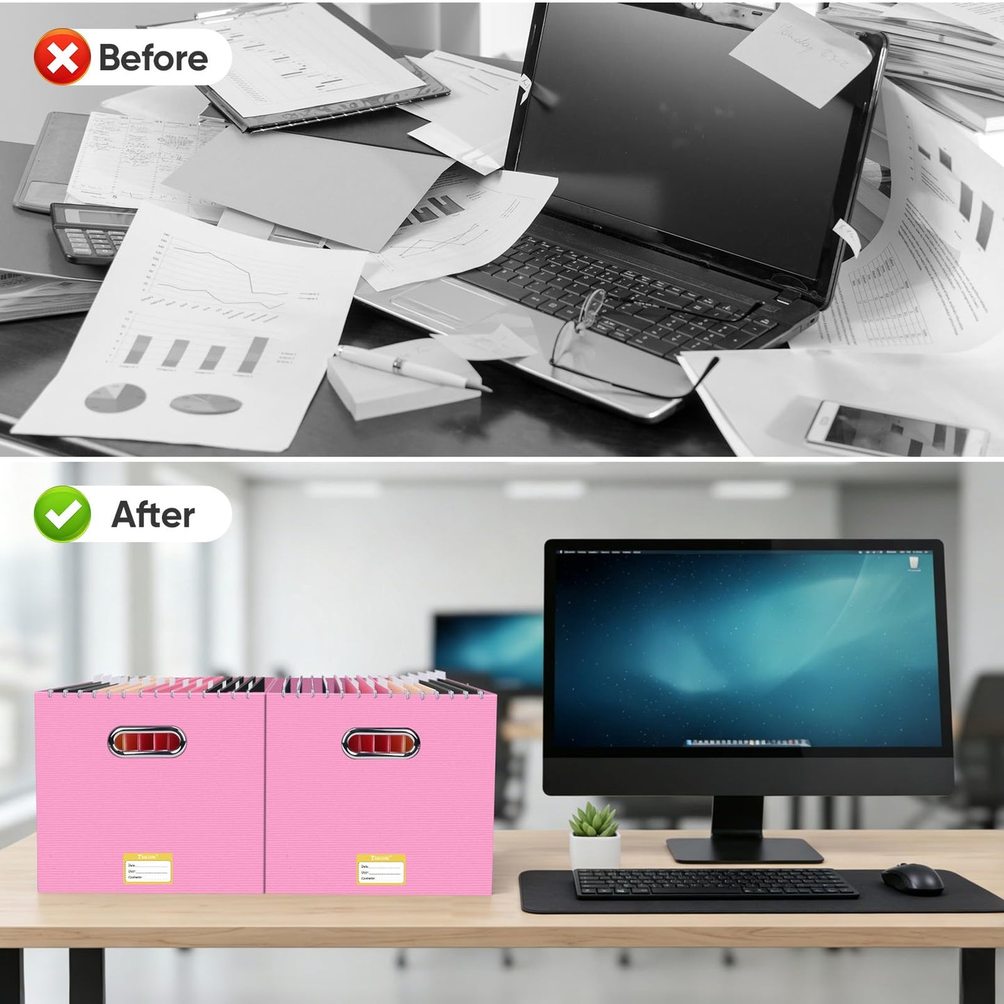BALEINE File Organizer Box, Cardboard File Folder Organizer with Handle for Letter Size, Portable Collapsible Hanging Filing Box for Home Office Document Storage (4 Pack, Large Pink)