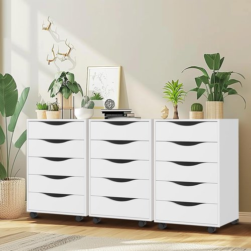 QDSSDECO 5 Drawer Chest Wood File Cabinet Rolling Storage Dresser with Wheels for Home Office, White