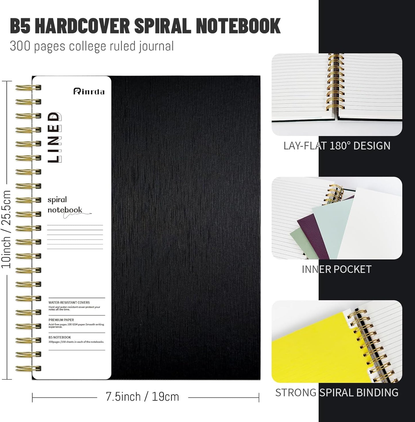 Skiennix Hardcover Spiral Notebook - 300 Pages, 5 Subject with Removable Dividers | Black 8"x10" College Ruled Journal for Work and Note Taking