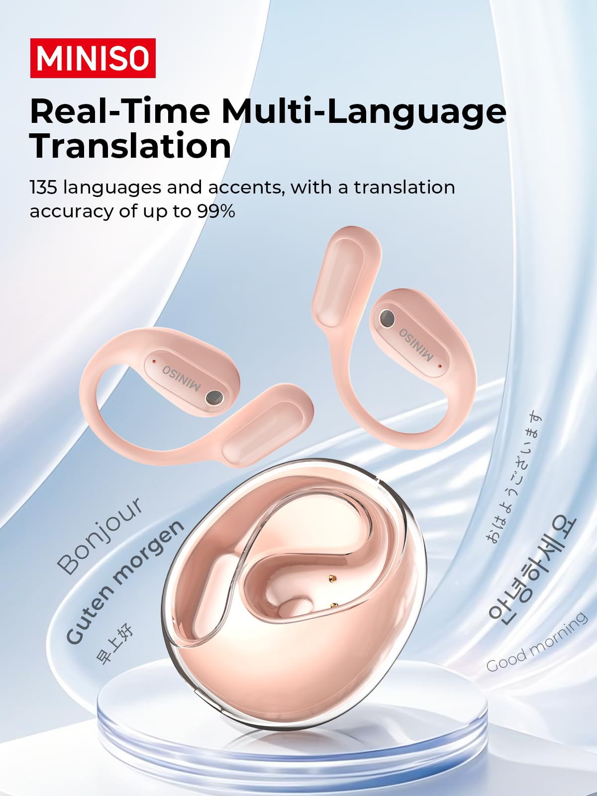 INISO MS190 AI Translation Earbuds Real Time, Language Translator Earbuds with 135 Languages, Bluetooth 6.0, LED Display, Open-Ear translating Headphones with APP, 60Hrs Playtime, Ideal for Travel