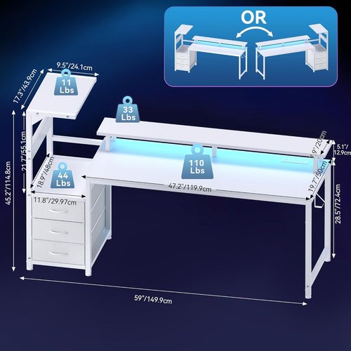 DUMOS L-Shaped Gaming Desk - White Computer Desk with LED Lights & Storage Drawers | 59" Dual Monitor Setup