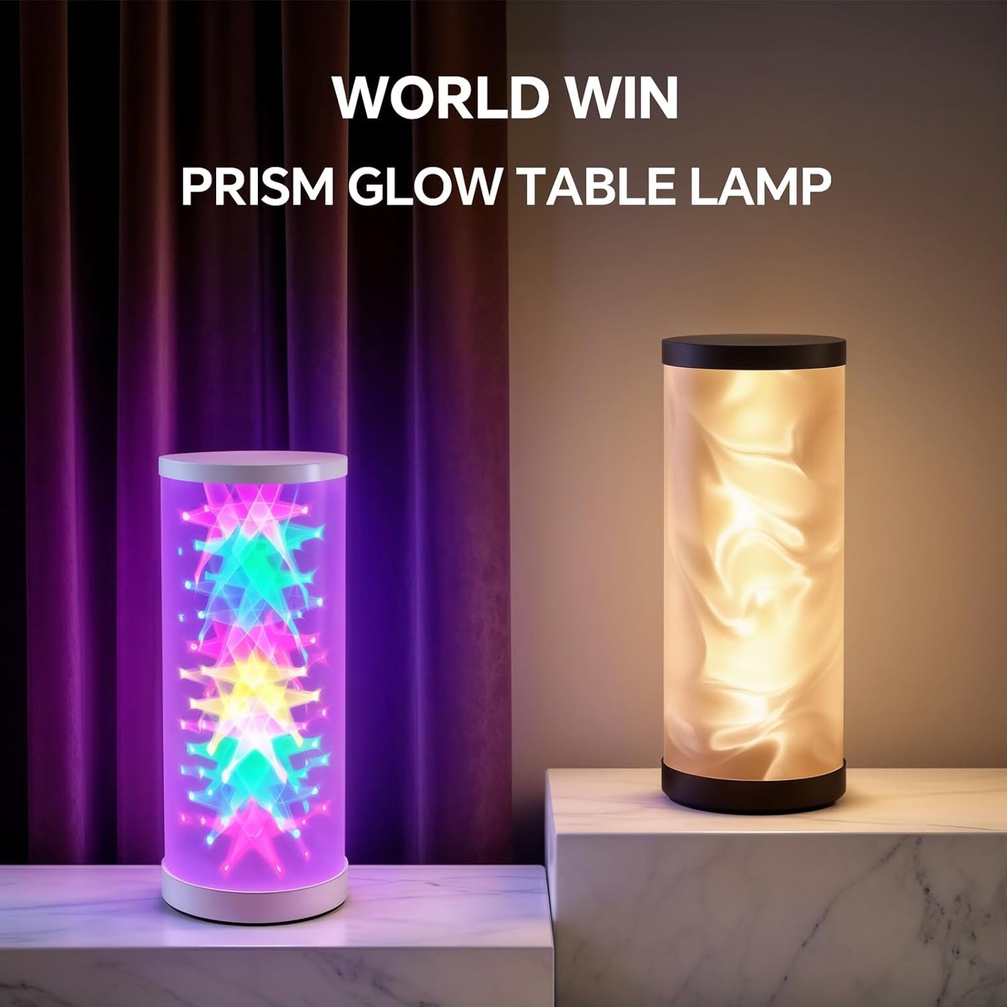 WORLD WIN Prism Glow Table Lamp - Dimmable USB Control Bedside Light | 3 Color Temperatures, Modern Design (Water Ripple, Black)