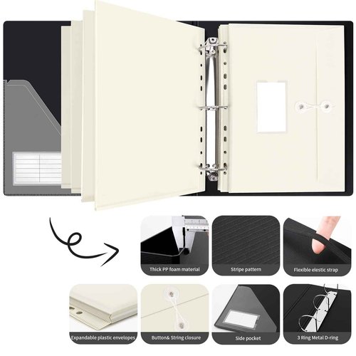 Uquelic Large Folio Document Organizer, Important Document Organizer with 8 Expandable A4 Size & 4 A5 Size Plastic Document Envelopes for Important Paper Files,Photos, Letters, Labels Included (Black)