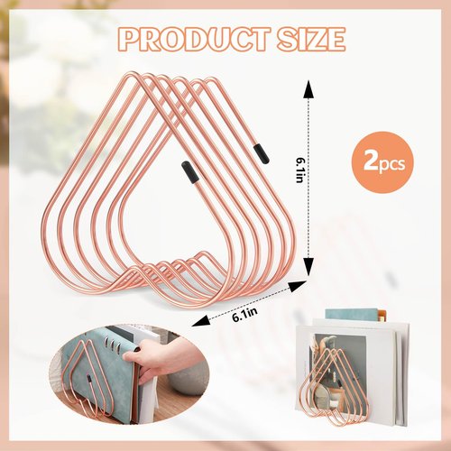 Willinglong 2 Pcs Rose Gold File Organizer for Desk 5 Slot Heart Shaped Gold File Divider Vinyl Record Organizer Desk Book Storage Rack Desktop Metal Magazine Holder Bookshelf for Home Office