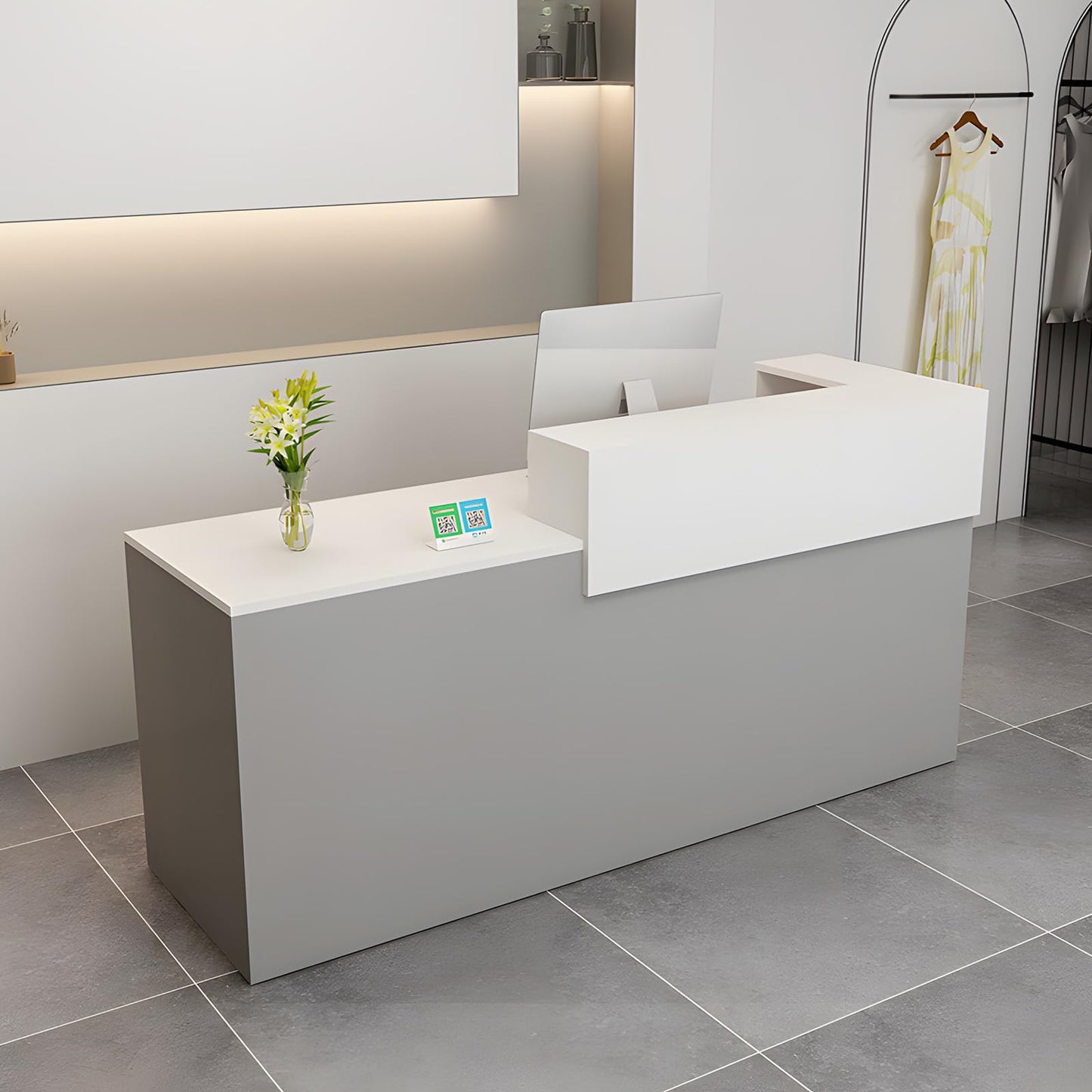 LSZMXI Modern Reception Desk with Drawer & Open Shelves, 39-95 Inch Front Counter Table, Computer Workstation Suitable for Salons, Offices, Lobbies, Retail Stores and Home Offices