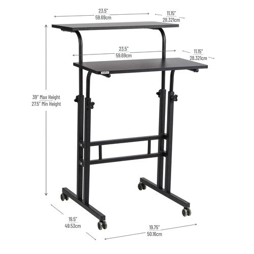 Mind Reader Standing Desk, Adjustable Height Laptop Workstation, Portable Rolling Desk on Wheels, Two-Tier Metal Frame, Black