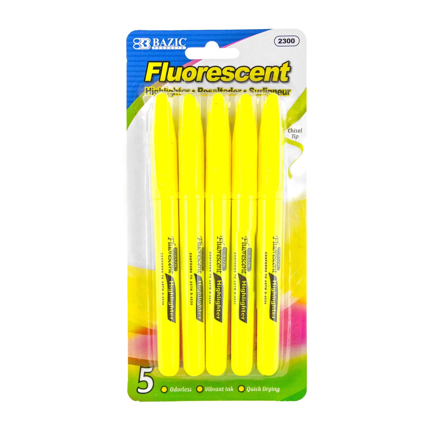 BAZIC PRODUCTS Yellow Fluorescent Highlighters, Pen-Style, Pocket Clip, Chisel Tip, 5 Count, Quick-Dry Highlighter Ink
