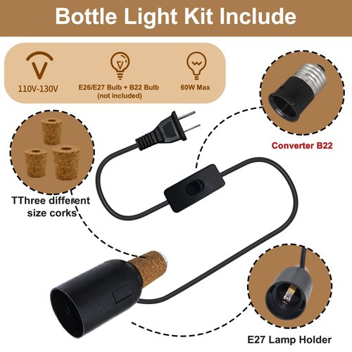 2 PCS Bottle Lamp Kit，DIY Wine Bottle Lamp for Liquor Bottle, Lamp Kits Do it Yourself, Lamp Fittings Kit for Table Lamp Includes 3 Sizes of Stoppers and 2 E27 to B22 Adapter Converter