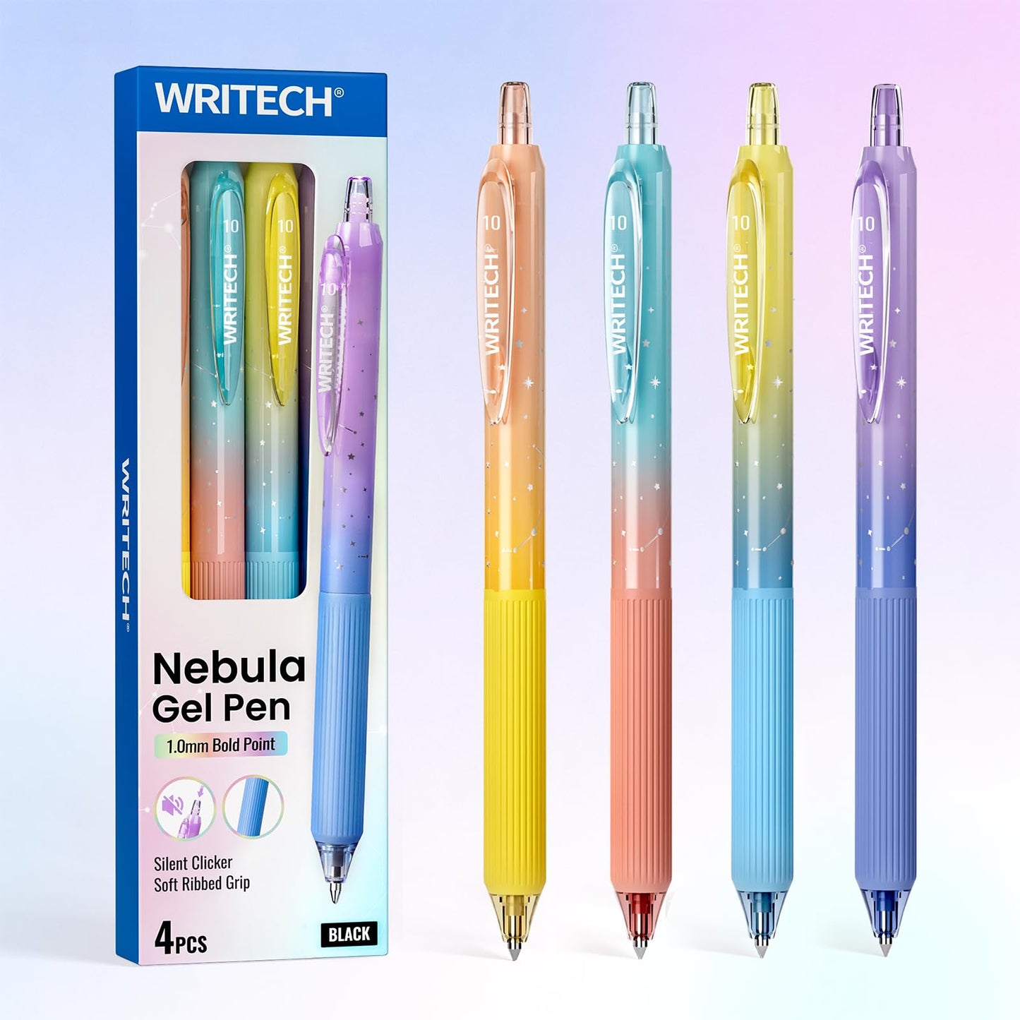 WRITECH Gel Pens Bold Point: 1.0mm Black Ink Retractable 4ct Smooth Writing with Aesthetic Gradient Color Barrel for Journaling Note Taking Silent Click No Smear Nebula Pen Set