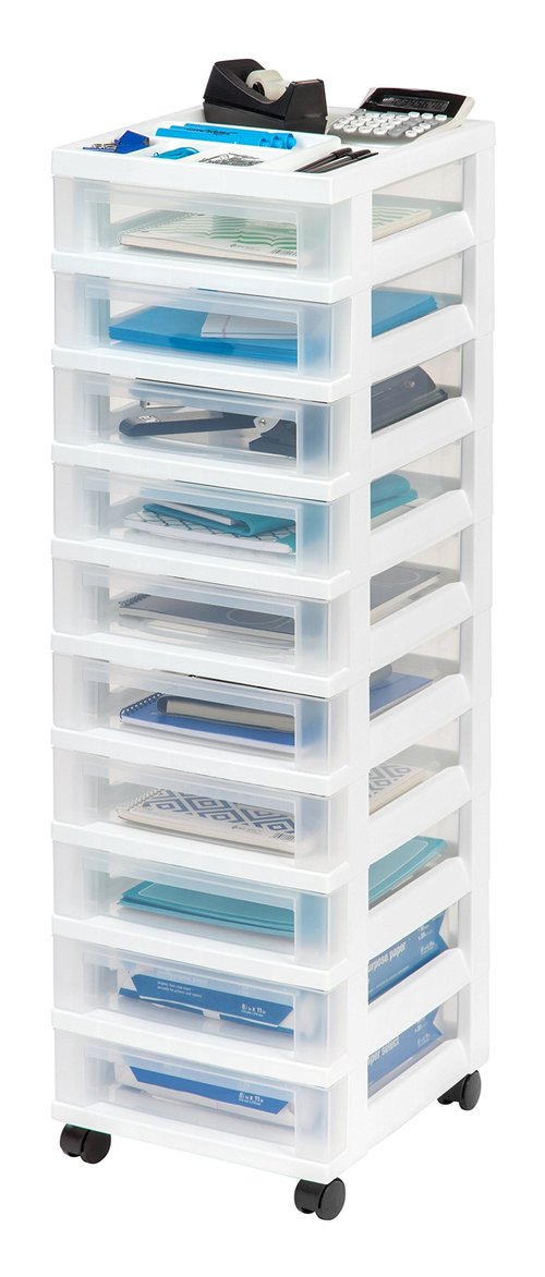 IRIS USA Plastic Drawer Storage Organizer Rolling Cart, with Wheels Casters, 10-Drawers, for Classroom Art Craft Supplies Dresser Closet Bathroom Laundry Room, White/Clear