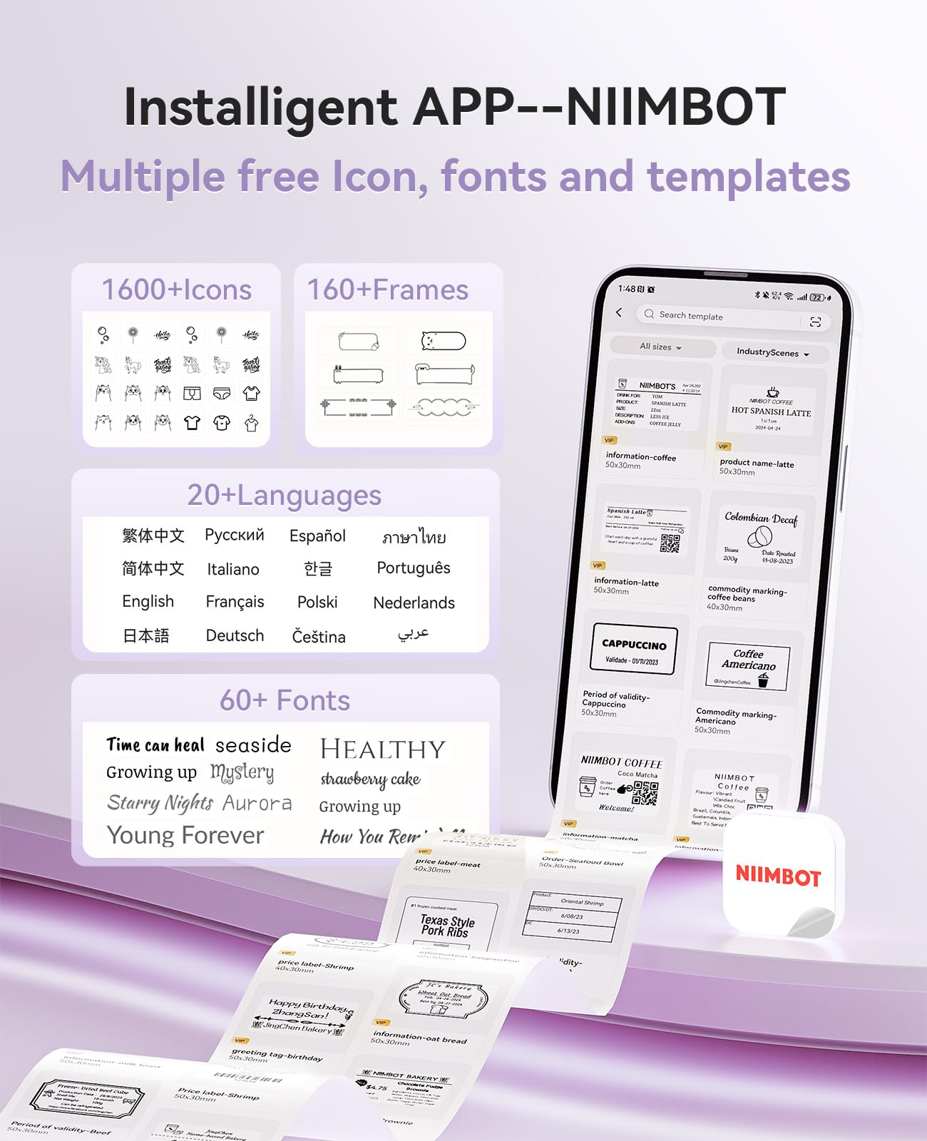 NIIMBOT B21 Pro Label Maker, 300DPI HD Label Printer, Ideal for Notes,Photos, Study Graphics, Memo Maker,50x30mm Label(Purple)