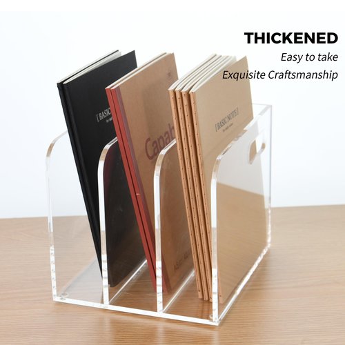 AIMOLLY 3 Vertical Compartments Clear Acrylic Desk Document Organizer & Storage Bins for Magazines, Binders, Notebooks, and Envelopes - Multipurpose Home Office Organizer - Innovative handle design