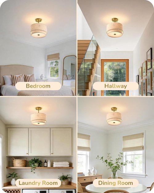 EDISHINE 12.6-Inch Semi Flush Mount Ceiling Light - 3-Light Modern Fixture with Double Drum Linen Shade | Brushed Gold Finish for Bedroom, Hallway, Dining Room