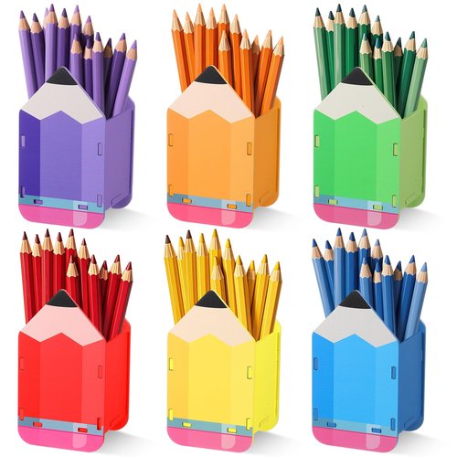 AmazingSpark 6 Pcs Pencil Shaped Holder Wooden Pencil Dispenser Storage Organizer Container Pen Cup Stationery Pot for Back to School Teachers Office Desk Gift Classroom Supplies (Rainbow Color)