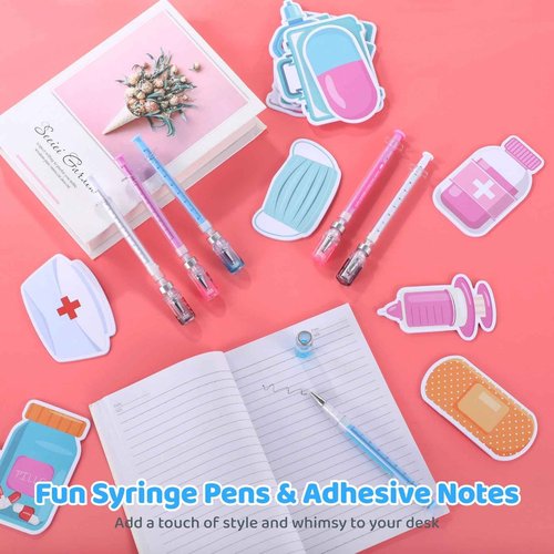Tideme 276 Pcs Syringe Pens Bulk 3 Colors Novelty Nurse Pens 240 Sheets Adhesive Notes 0.5 mm Black Ink Ballpoint Pen Fun Gifts for Halloween Party Favors, School Supplies, Birthdays